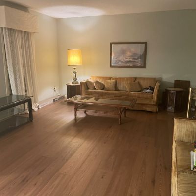 residential installation of Mohawk's laminate flooring called Witlock Saddleback Hickory